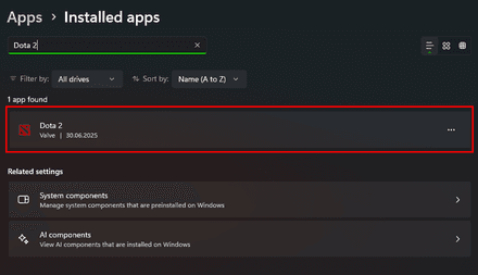 Use the search box to find Dota 2 in Add or remove programs