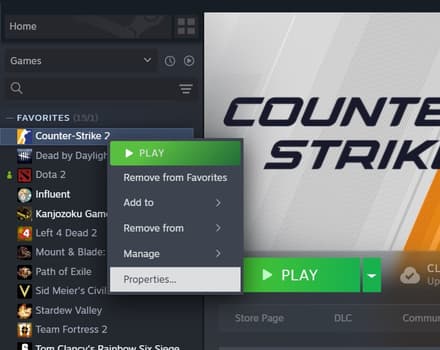 Select Properties in Counter-Strike 2 in Steam library