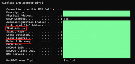 Make a note of the Default Gateway and IPv4 addresses for later use