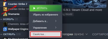 Свойстав CS2 в разделе «Библиотека» Steam