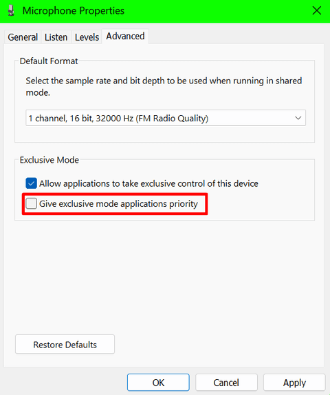 Open the Advanced tab and untick the “Give exclusive mode applications priority”