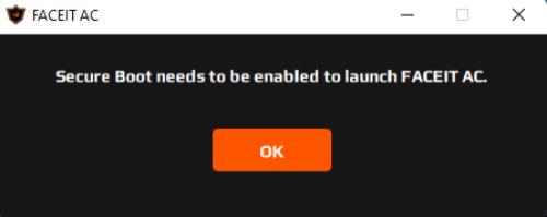 Secure Boot needs to be enabled to launch FACEIT AC