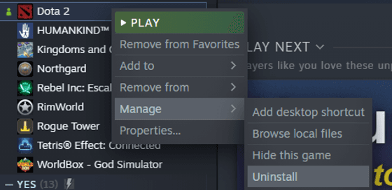Find Dota 2 and initiate uninstall