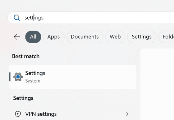 Open Start and type “Settings” in the Windows search bar