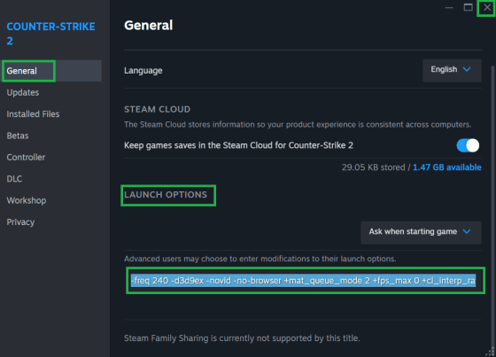 Find the "Set Launch Options" section and put the desired launch options