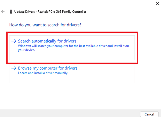 Choose Search automatically for drivers